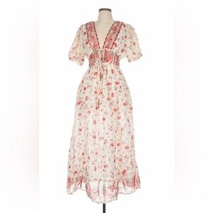 Free People Floral Cotton Boho Maxi Dress with Bell Tassel Ties Spring Dress